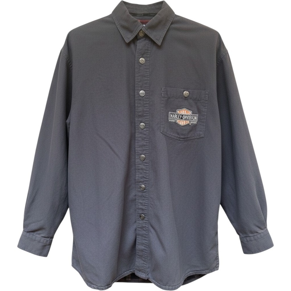Harley Davidson Mens Gray Canvas Flannel Lined Shirt Jacket Snap 96249-08VM